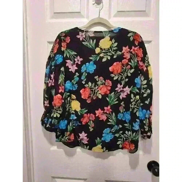 Calvin Klein‎ Light weight BLACK FLORAL V Neck Blouse Top LARGE - Picture 2 of 7